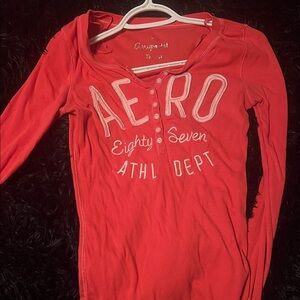 Vintage Aéropostale Red Long Sleeve Henley Top with Logo